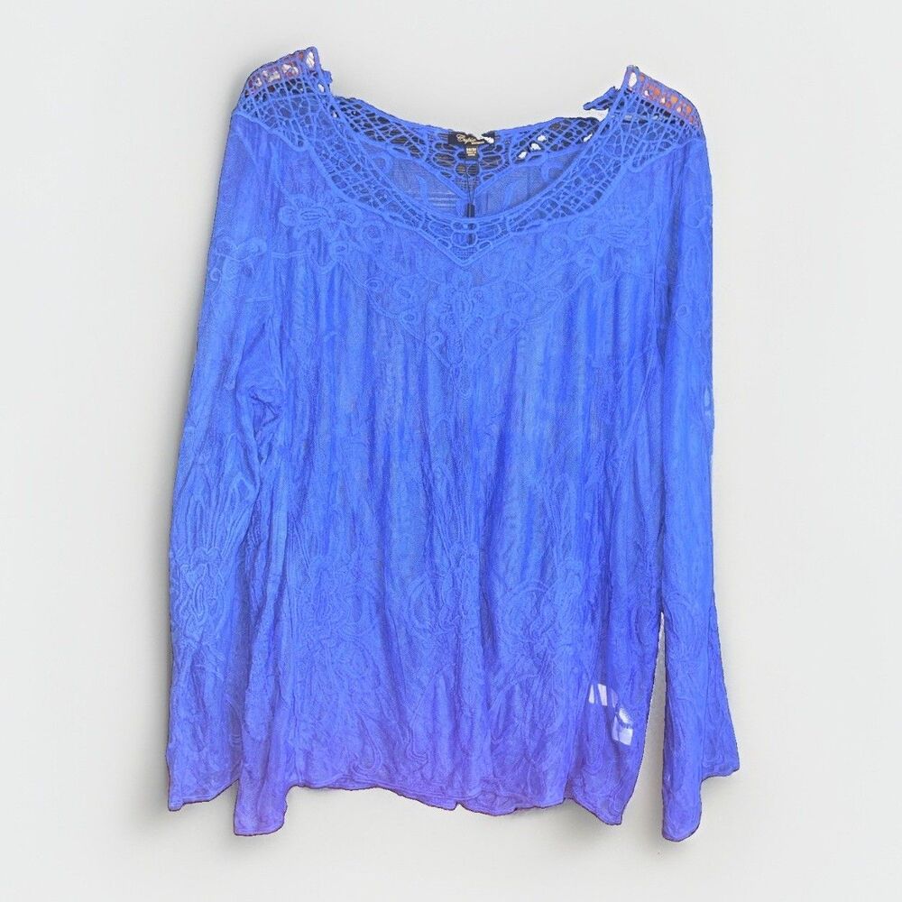 Capri Blue Floral Lace Crochet V-Neck Long Sleeve Blouse Plus 2X/3X